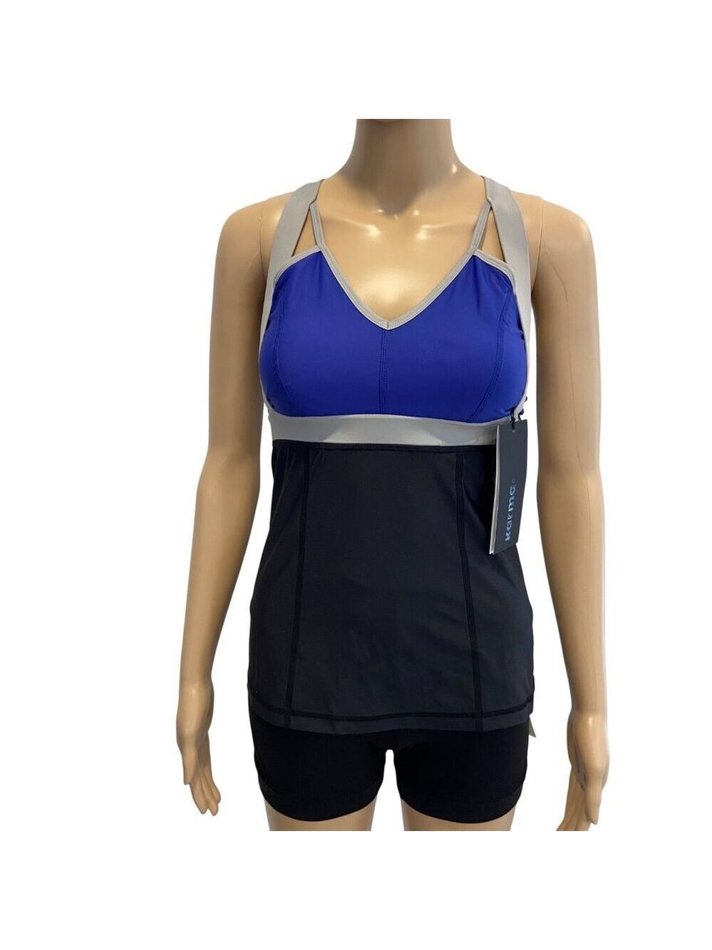 Karma Athletics Womens Blue & Black Strappy Tank Top With Built-In Bra NWT
